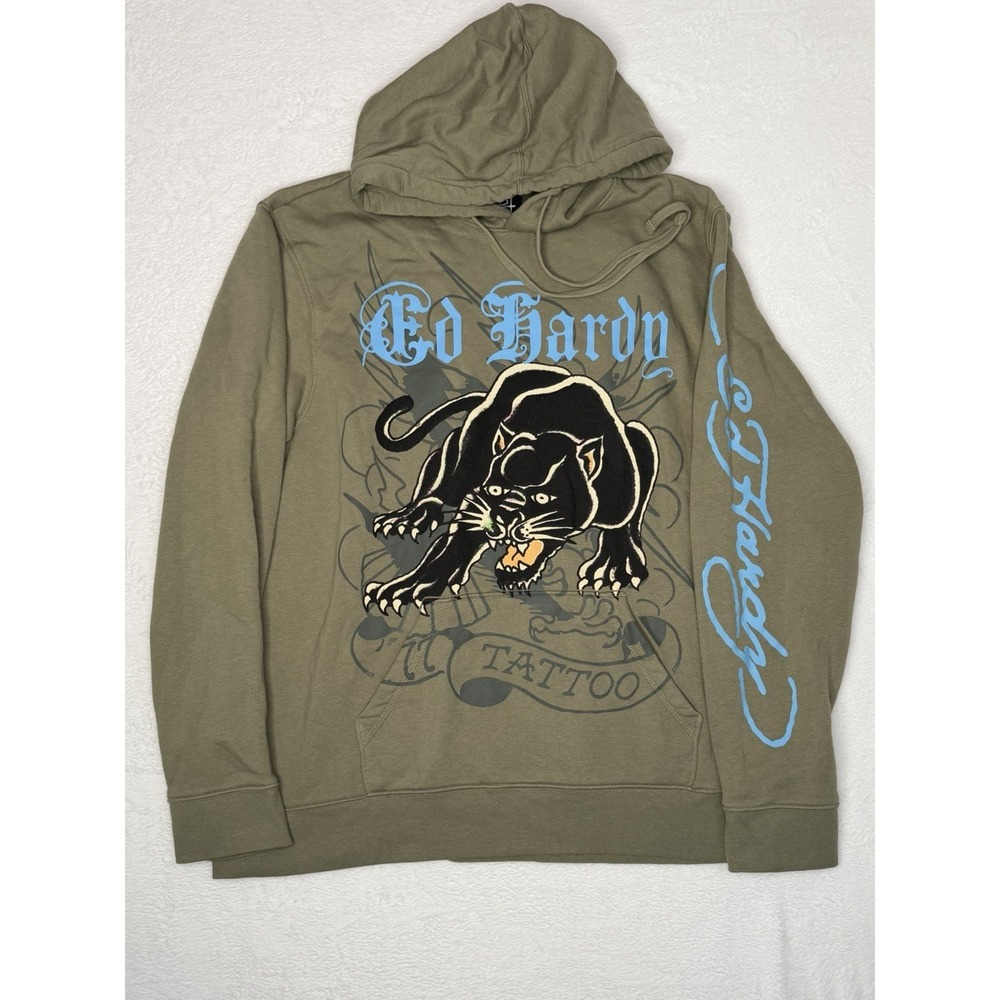 Ed Hardy Panther Tattoo Graphic Hoodie XL Y2K Streetwear Olive Green